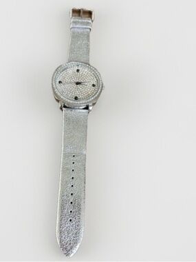 Joan Boyce Pave Crystal Watch with Genuine Leather Strap Silver